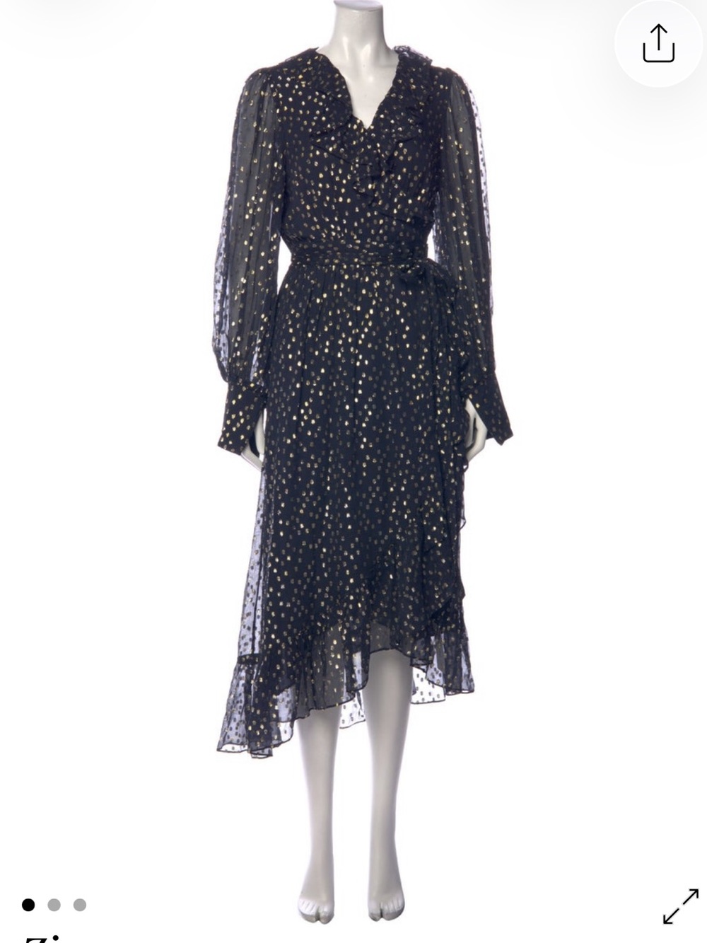 AU 2 Zimmermann Ruffle Long Sleeve Lurex Wrap Fil Coupé Black & Gold Midi Dress